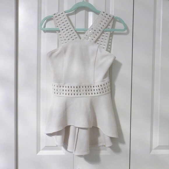 BEBE white peplum top with thick straps and small cut out details - Picture 1 of 13